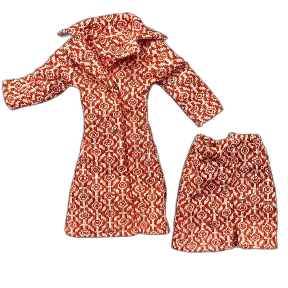 Barbie Clone Fashion Set Vintage 1970s Hong Kong Coat Skirt Geometric Red White